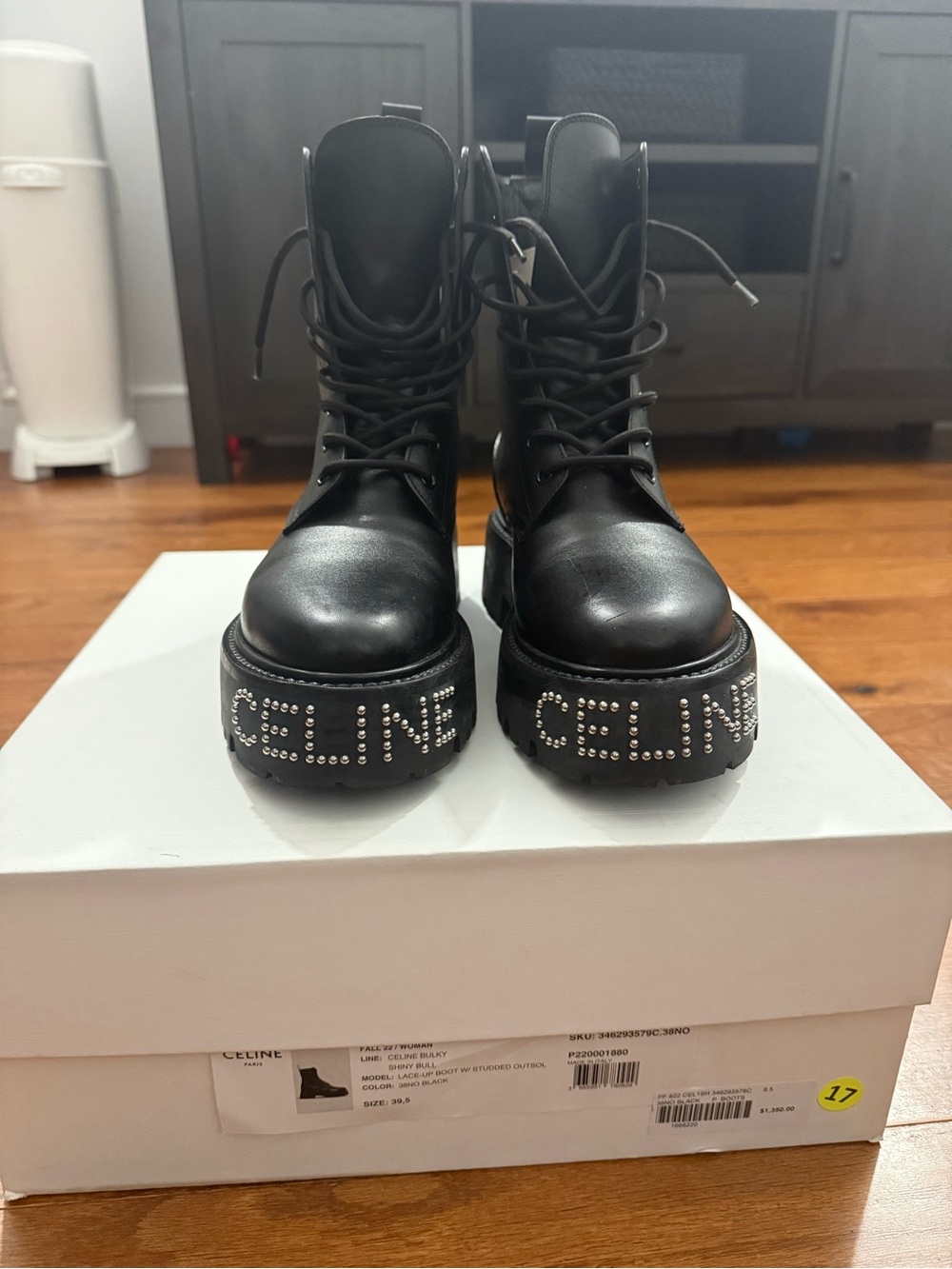 Celine Black Leather Lace-Up Platform Combat Boots with Studded Logo